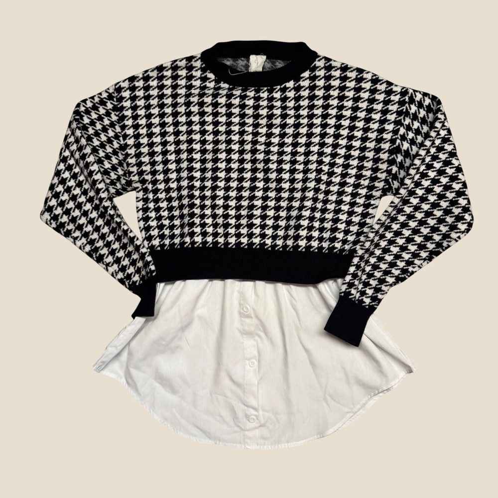 Joie Houndstooth Layered Look Sweater White Shirt Hem XS Black White